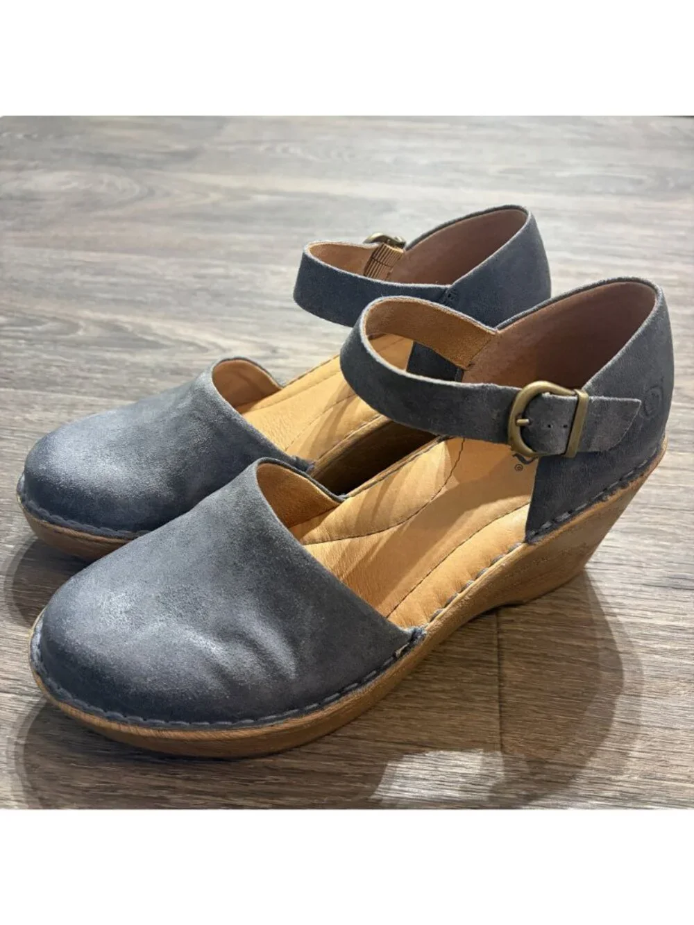 Born Nellie Wedge Heels Size 9 Mary Jane Blue Suede Adjustable Ankle Strap